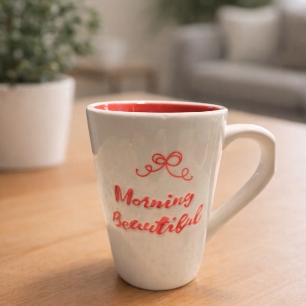 White Ceramic Mug Red Bow "Morning Beautiful" Coffee Cup‎
